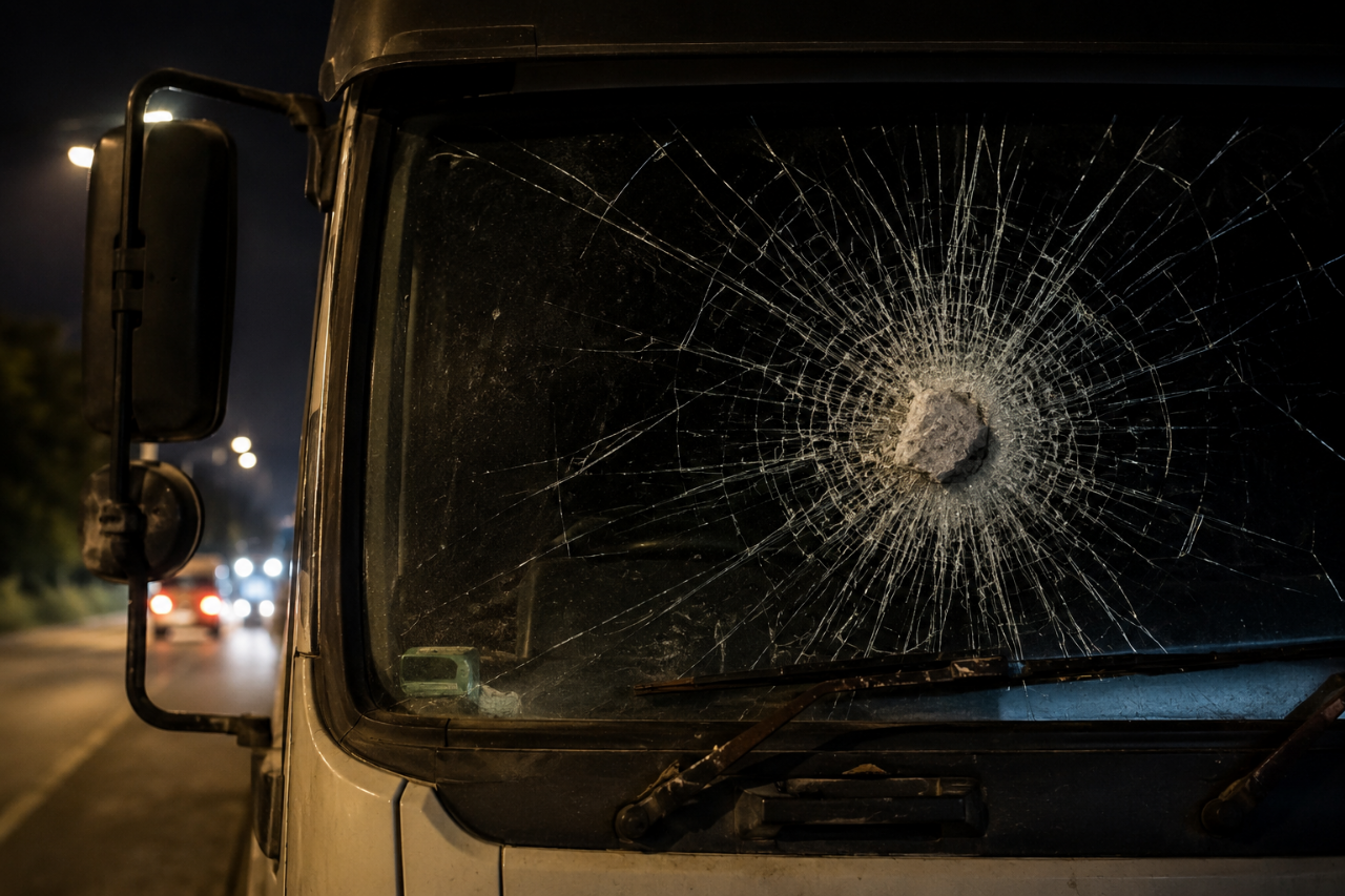 Aksi Teror Jalanan: Truk CPO Dilempar Batu di Jalur Trans Kalimantan , Kaca Pecah Berantakan